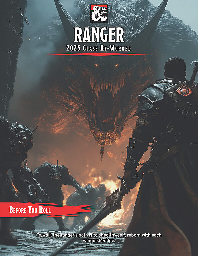 Ranger with sword ready to fight monsters. A book cover. 